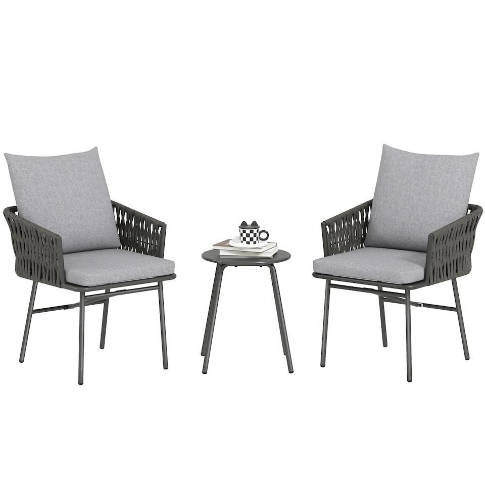 image 1 of Outsunny 3-Piece Rattan Bistro Set, Garden Table and Chairs with 4 Cushions, Patio Rattan Conversation Furniture Set for Balcony, Porch, Terrace, Grey