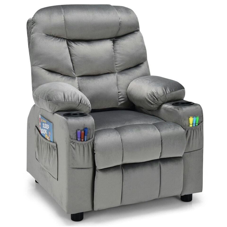 image 1 of COSTWAY Kids Recliner Chair Velvet Adjustable Sofa Chair Grey | Grey | Chair