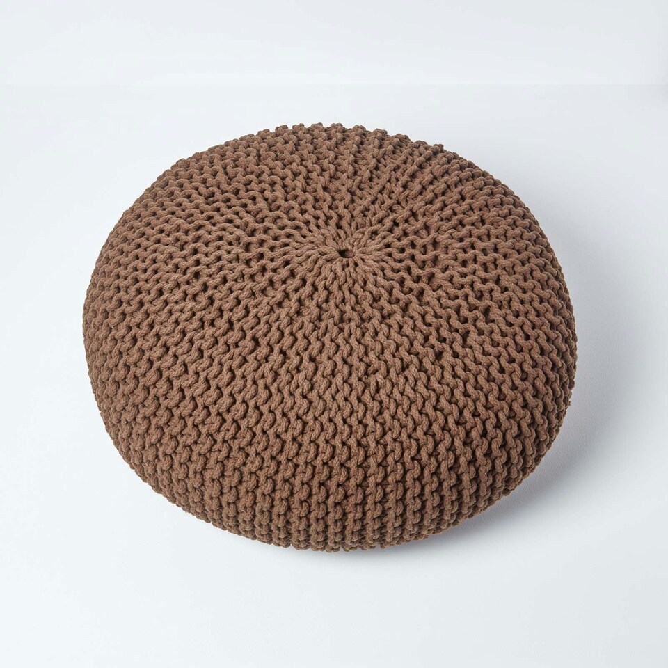 image 1 of Homescapes Chocolate Brown Large Round Cotton Knitted Pouffe Footstool