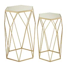 Set of 2 Hexagonal Mirrored Top Side Tables,Nesting Tables With Champagne Finish,Decorative Accent Tables Gold