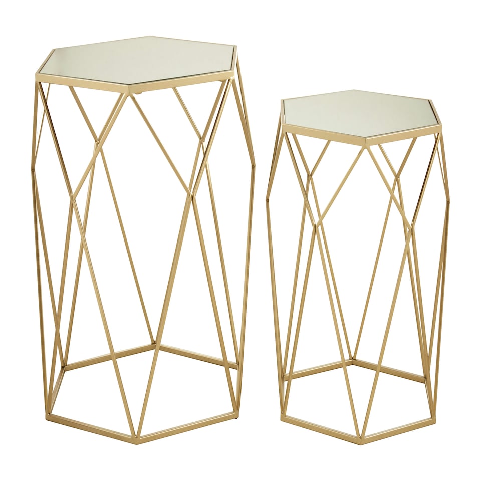image 1 of Set of 2 Hexagonal Mirrored Top Side Tables,Nesting Tables With Champagne Finish,Decorative Accent Tables Gold