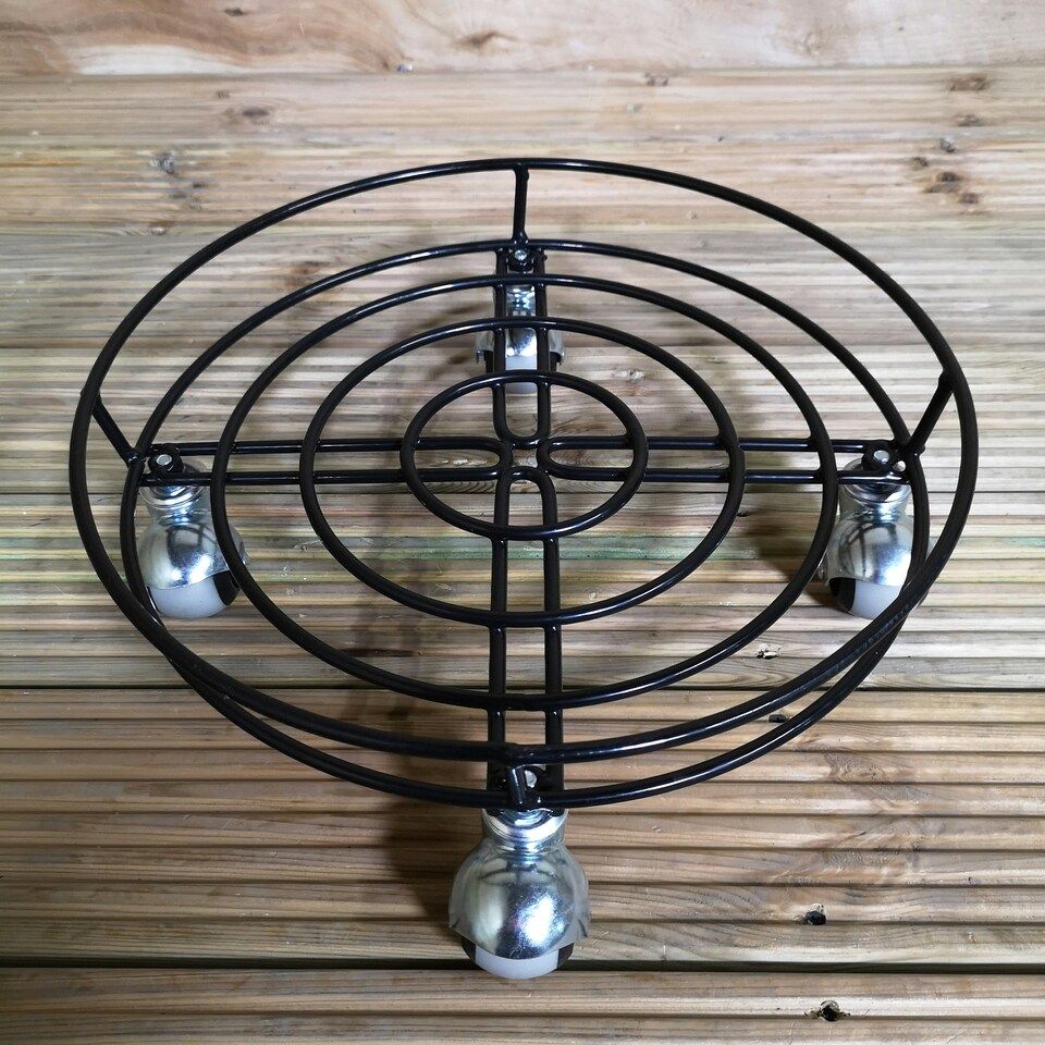 image 1 of Tom Chambers Handcrafted Heavy Duty Round Black Metal Garden Patio Plant Flower Pot Stand Caddy Trolley on Strong Metal Castor Wheels 37cm Black