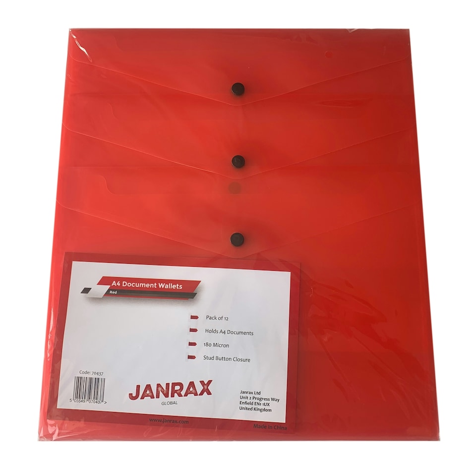 image 1 of Pack of 12 Janrax A4 Red Document Wallets - Button Stud Folder