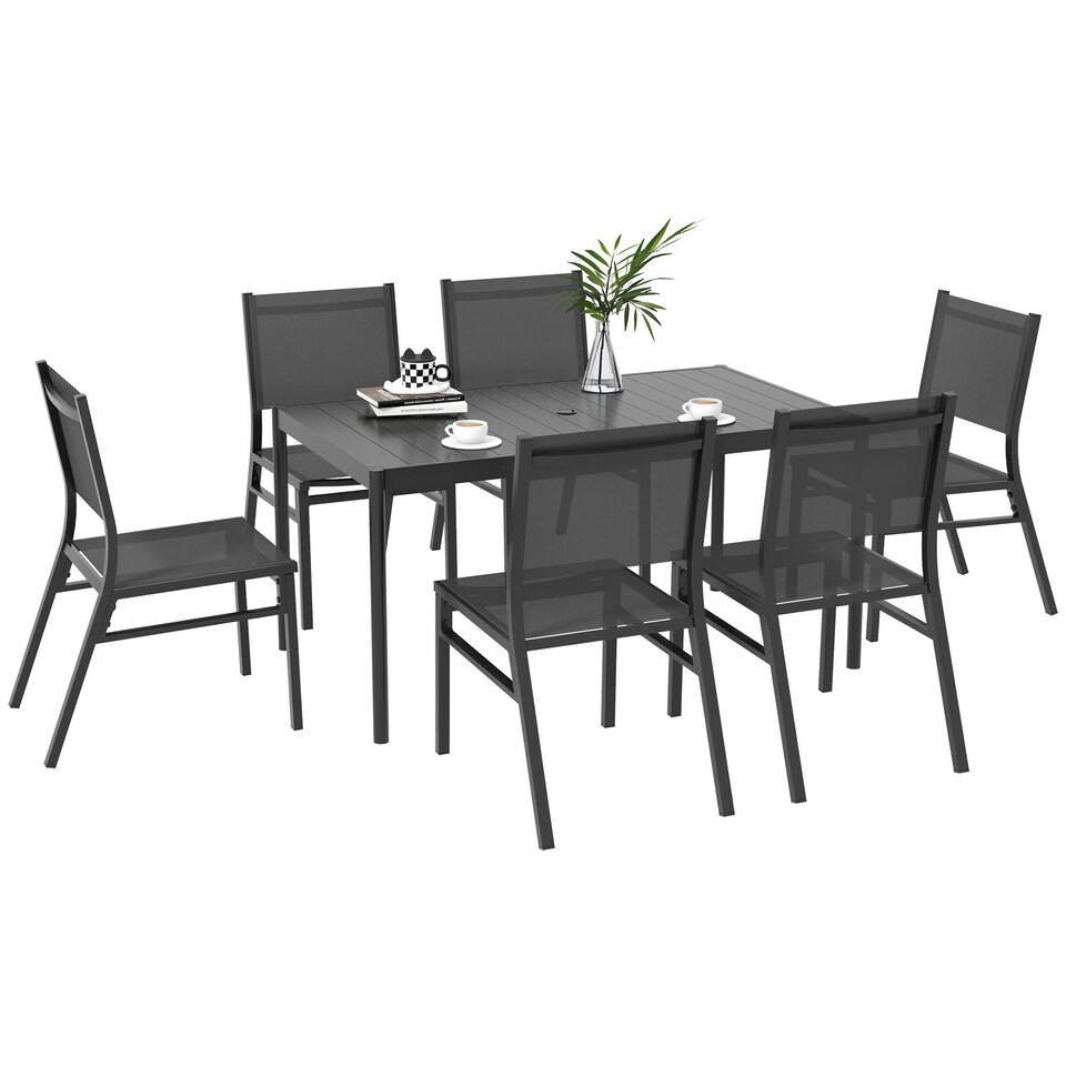 image 1 of Outsunny 7 Piece Garden Dining Set, 6 Seater Garden Table and Chairs with Parasol Hole, Aluminium Top Table and Texteline Chairs, Outdoor Dining Furniture Set for Patio, Dark Grey