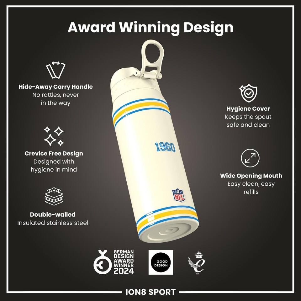 image 1 of NFL x Sports, Vacuum Insulated Steel Bottle, Series, 750ml (24oz) | Cream | NFL Throwback Chargers | One Size