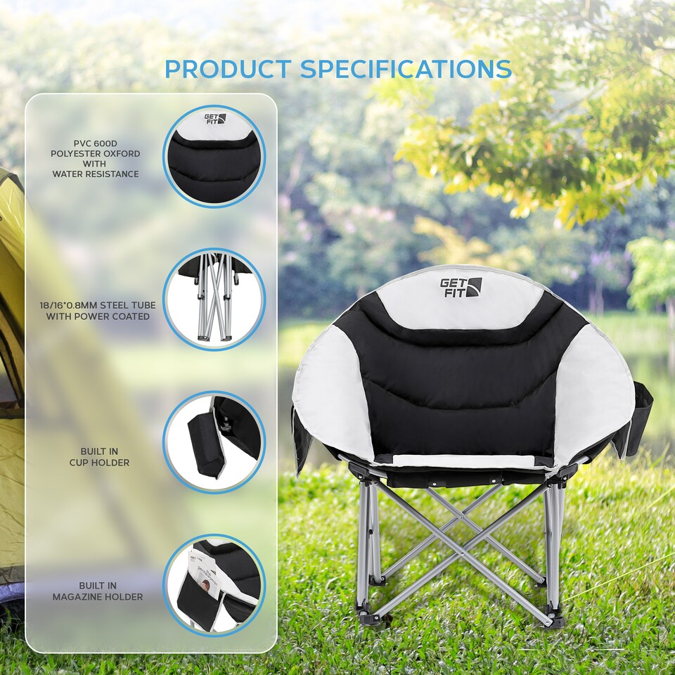image 1 of Get Fit Moon Camping Chair - Portable Outdoor Premium Folding Chair With Magazine Pocket, Cup Holder & Carry Bag - Capacity 130Kg - 2 Pack | Grey | 2