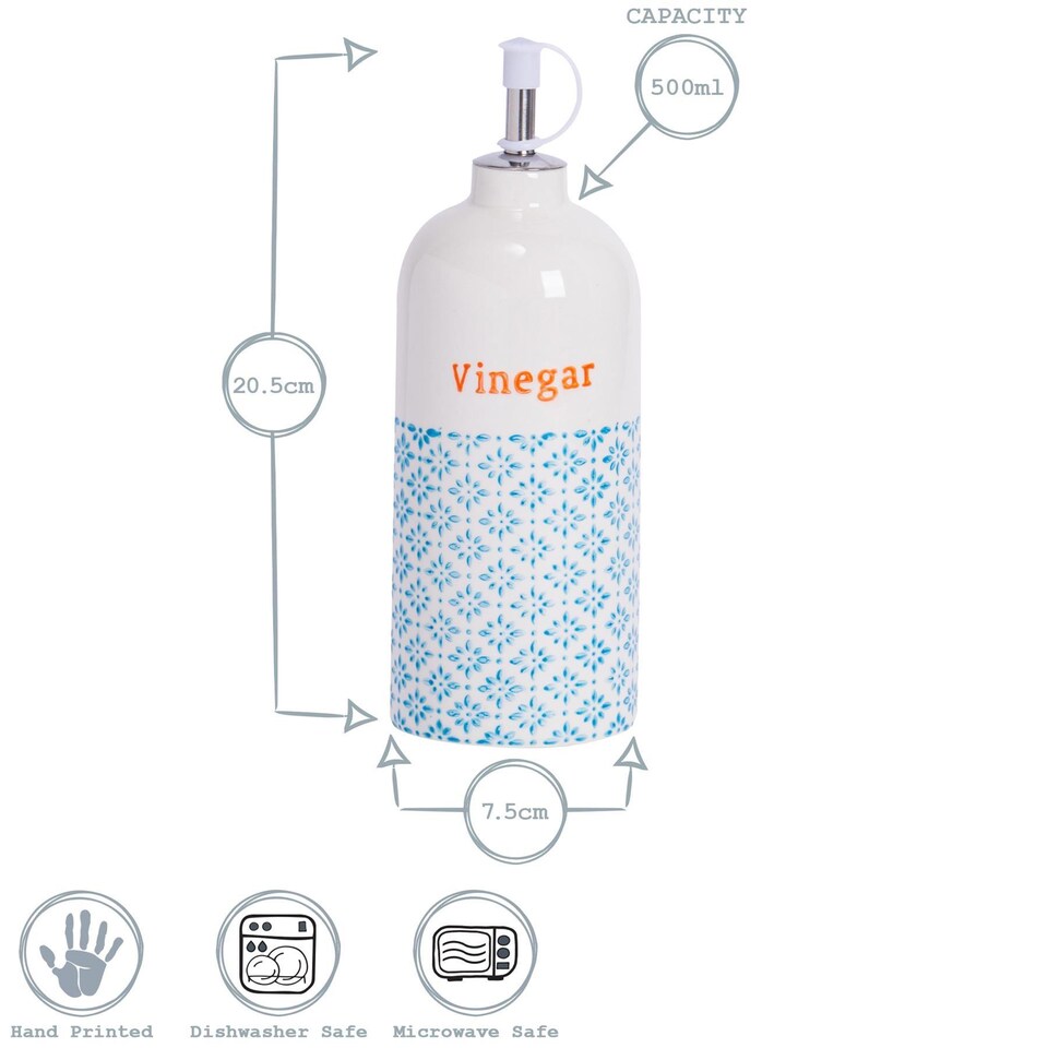 image 1 of Nicola Spring 2 Piece Hand-Printed Oil & Vinegar Pourer Bottles Set - 500ml - Blue