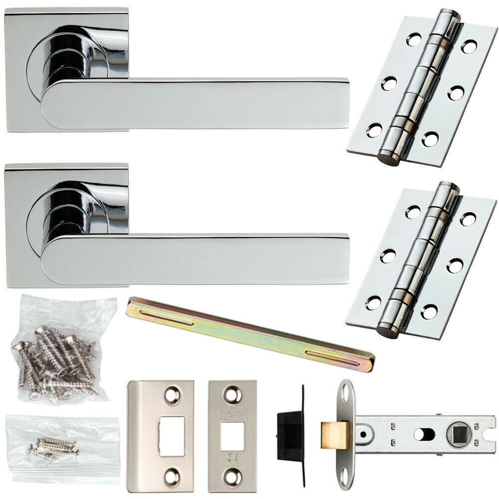 Loops Door Handle & Latch Pack Chrome Modern Flat Sleek Bar on Screwless Square Rose