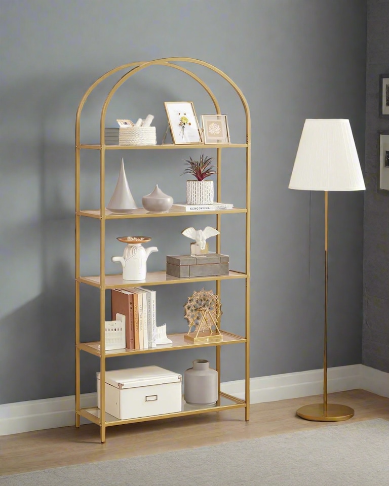 image 1 of 5 Tier Glass Shelf Arched Display Storage Unit with Steel Frame for Home Decor Use