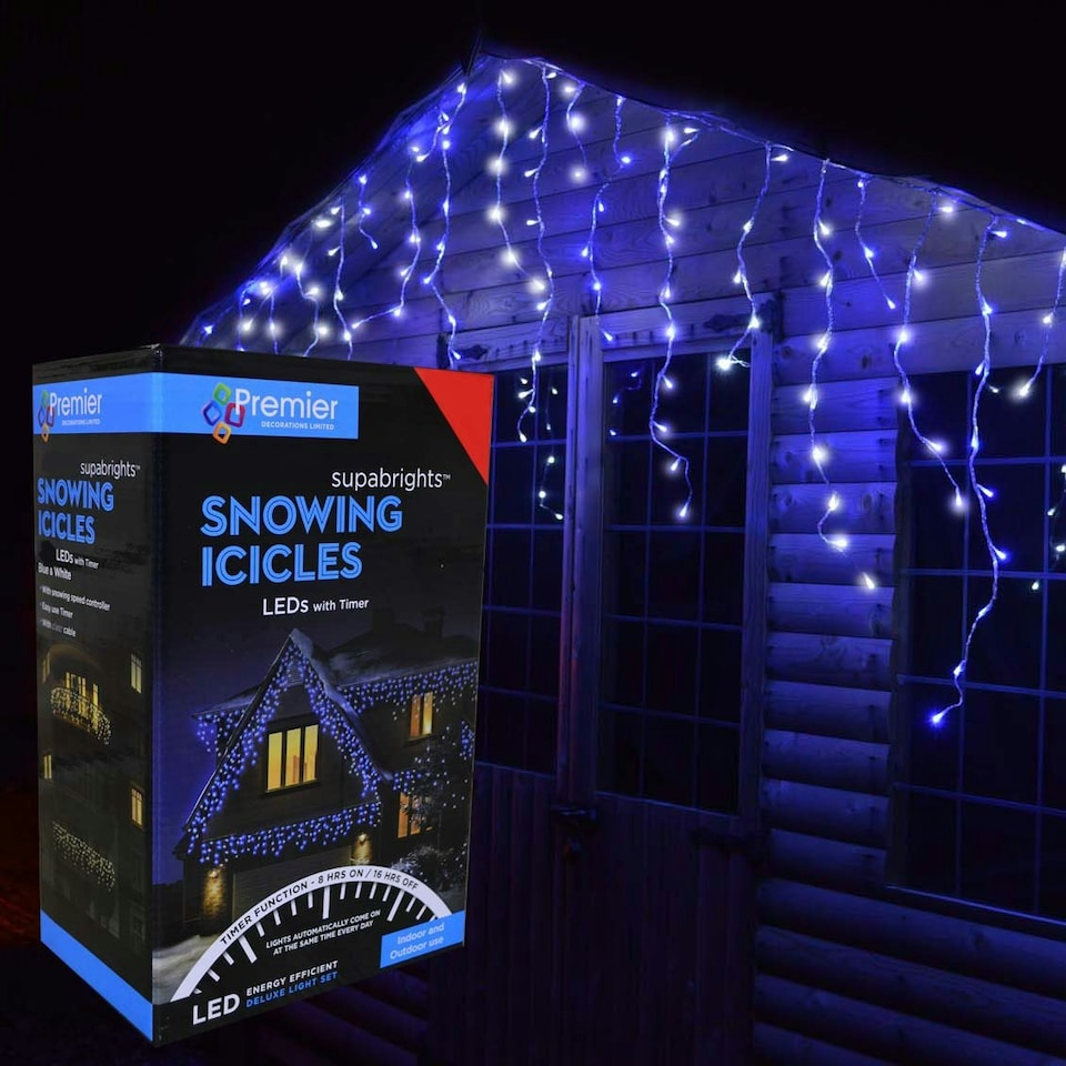 image 1 of 720 LED 17.8m Premier Snowing Iciclebrights Indoor Outdoor Multifunction Christmas Icicle Lights on Clear Cable with Timer in Blue & White