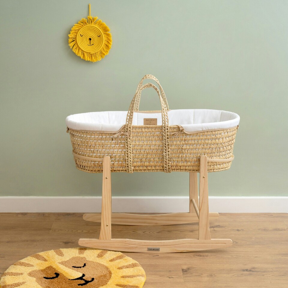 image 1 of Clair de Lune Organic Palm Moses Basket With Rocking Stand - White