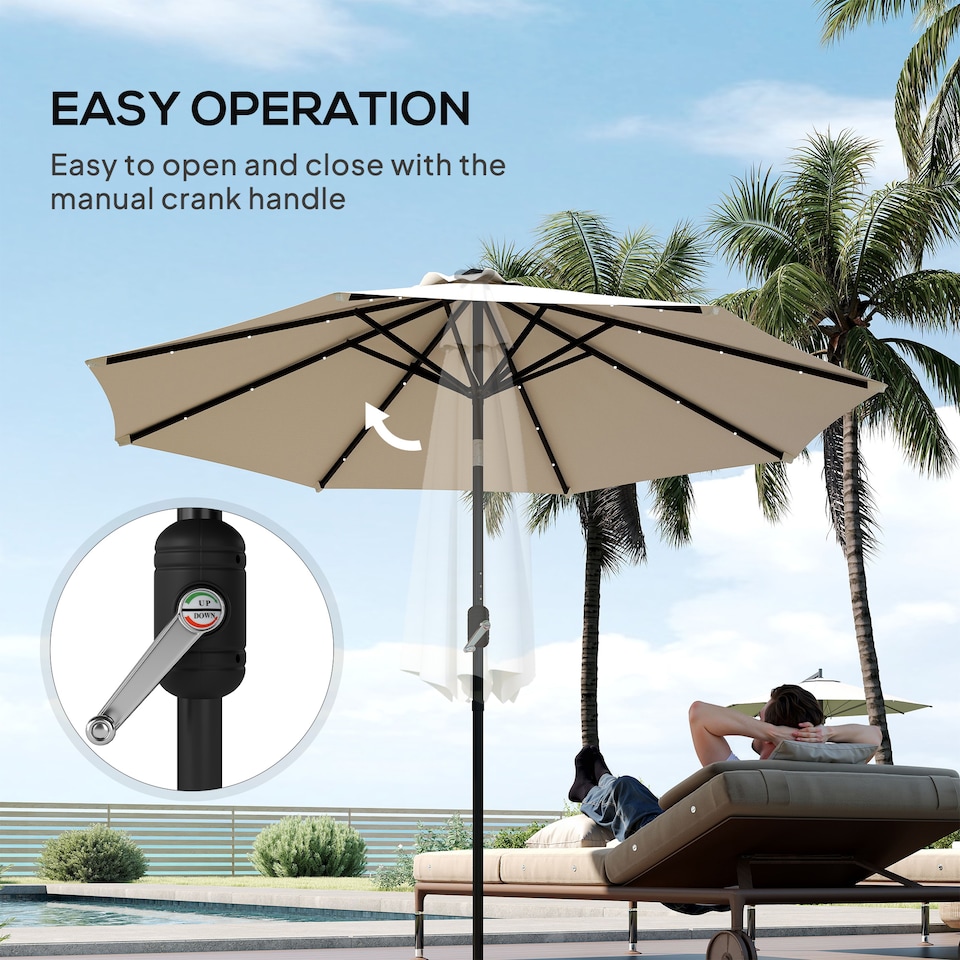 image 1 of Outsunny 2.7m Garden 24 LED Light Parasol Solar Outdoor Tilt Sun Umbrella Patio Club Party Event Manual Sun Shade w Hand Crank and 8 Ribs, Offwhite
