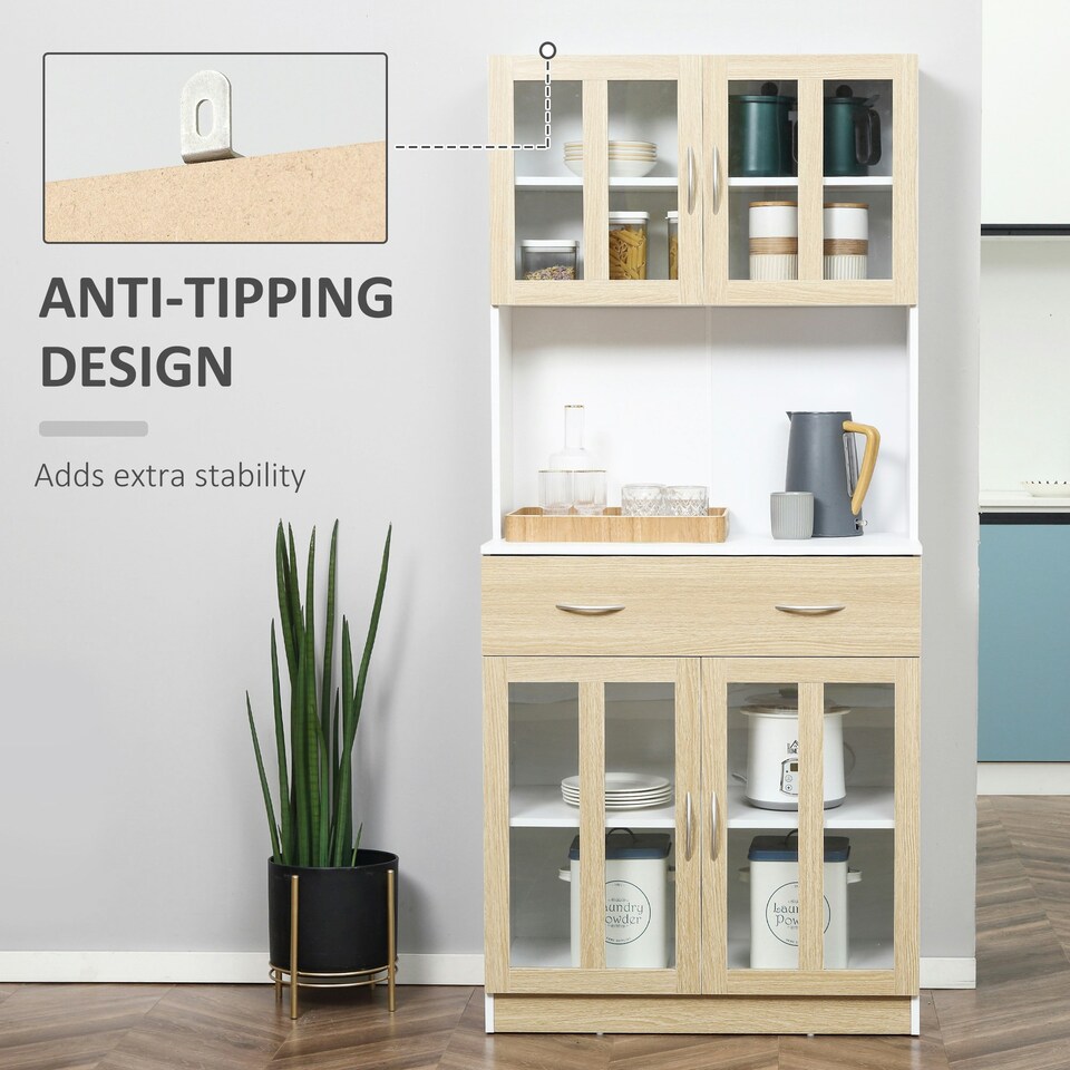 image 1 of HOMCOM 1.8m Kitchen Cupboard,Storage Cabinet, Framed Glass Doors with Shelves