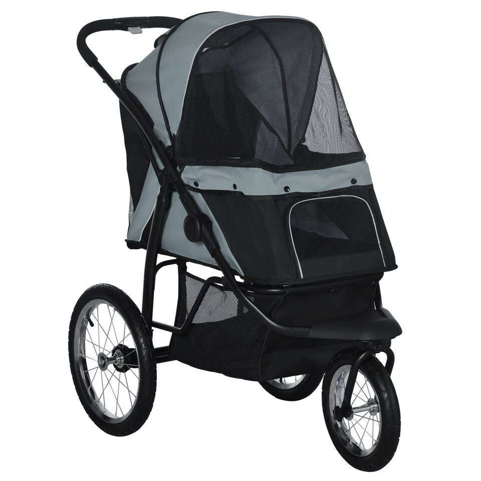 image 1 of PawHut 3 Wheel Pet Stroller, for Medium Small Dogs, Foldable Cat Pram - Grey