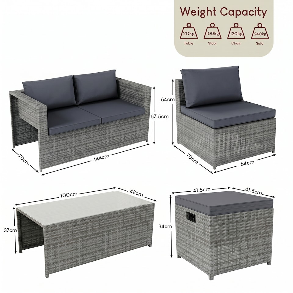 image 1 of Garden Vida Islay 6 Seater Rattan Outdoor BBQ Patio Set with 2 Seater Sofa, 2x Chairs, 2x Stools, Glass Top Coffee Table - Grey