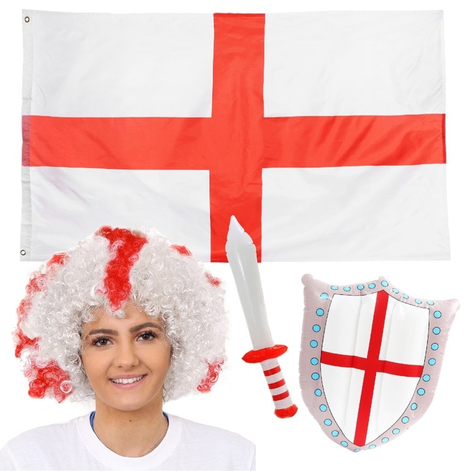 image 1 of Pack Of 2 England Curly Wig, 5ft x 3ft Flag & Inflatable Sword & Shield Red | One Size