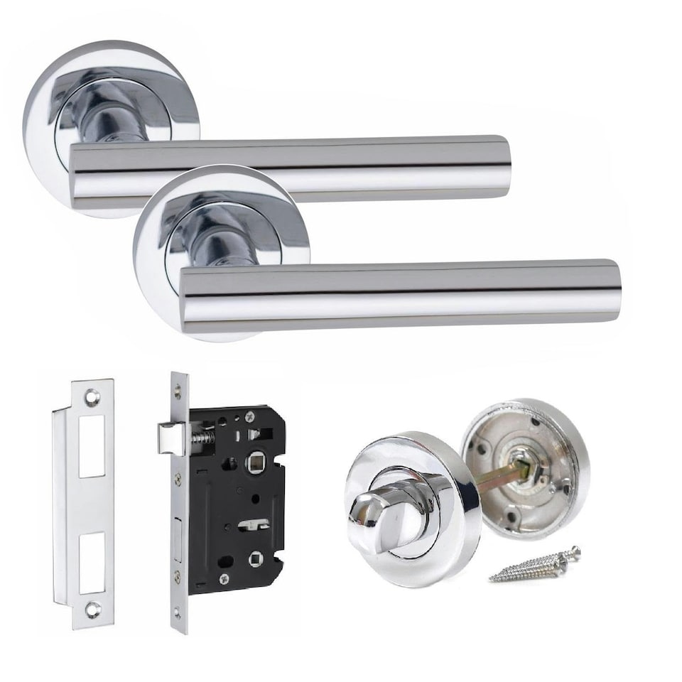 image 1 of Golden Grace Straight T-Bar Bathroom Classic Door Handles Set in Polished Chrome Finish with Thumbturn & Mortise Lock Chrome