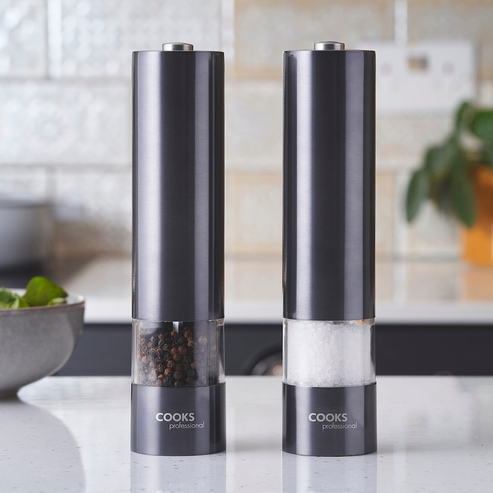 image 1 of Cooks Professional Electric Salt & Pepper Mill - Stainless Steel Automatic Grinder - Graphite