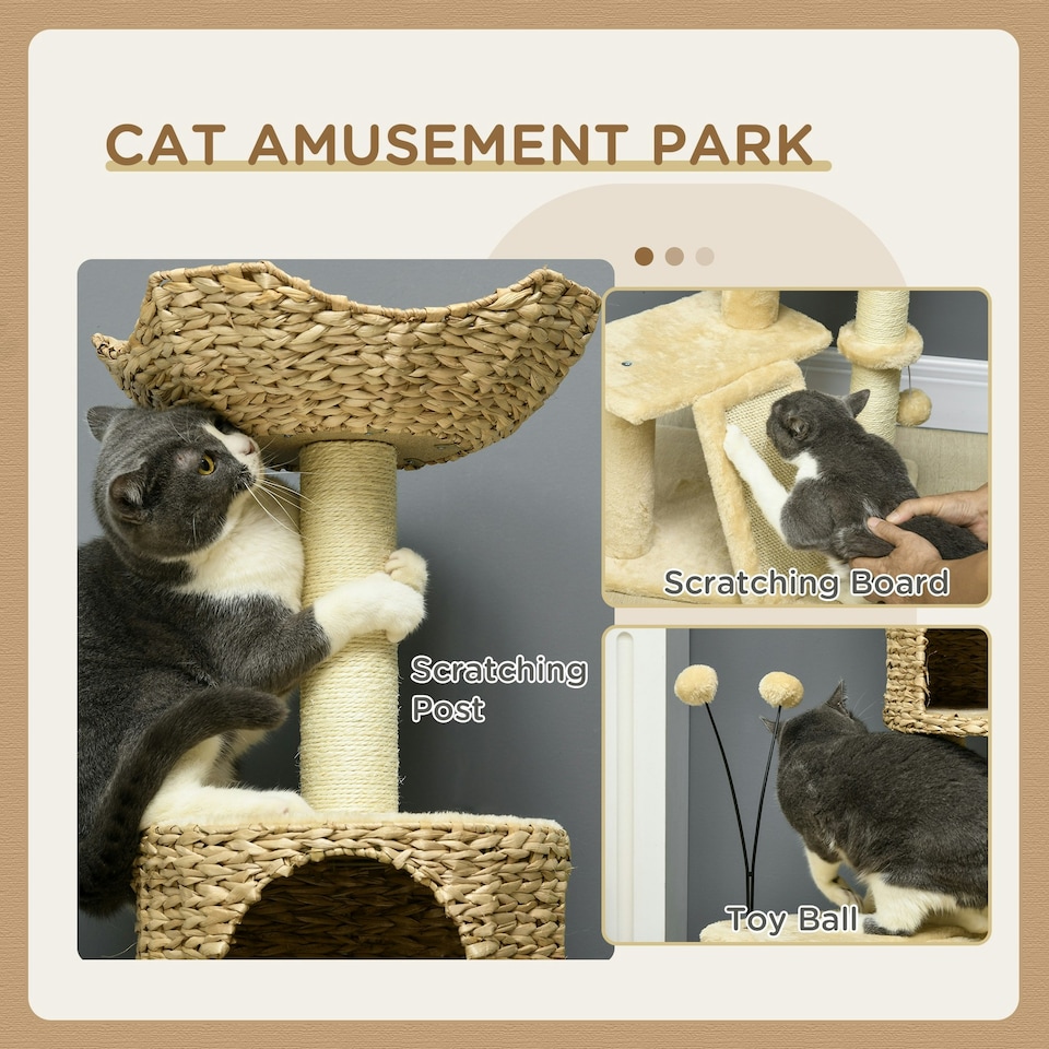 image 1 of PawHut 116cm Cat Tree Tower with Scratching Posts, House, Bed, Ramp, Beige