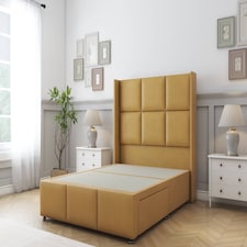 Sloomy Beaumont Mustard Plush Divan Bed Base 2 Drawers Foot-End With 54 Inch Wingback Headboard & 12 Inch Matching Footboard | Gold | Mustard | Super King | 1
