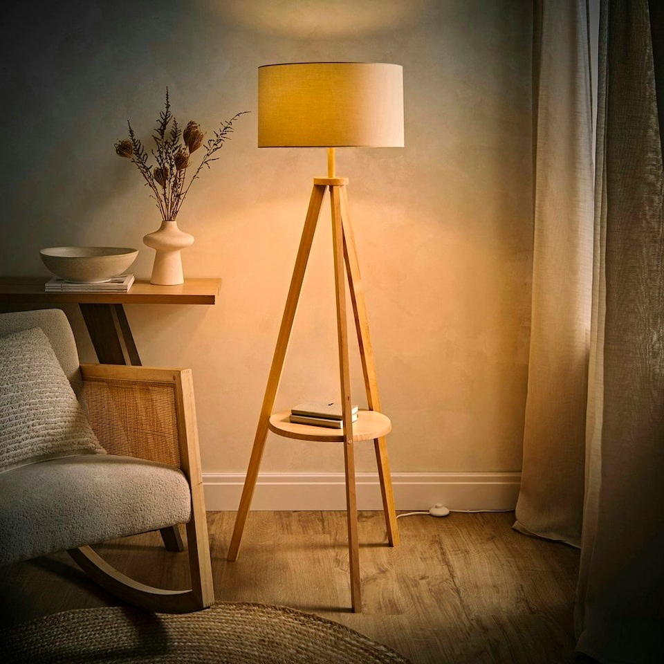 image 1 of ValueLights Morrigan Natural Shade Wooden Shelf Tripod Floor Lamp Cream