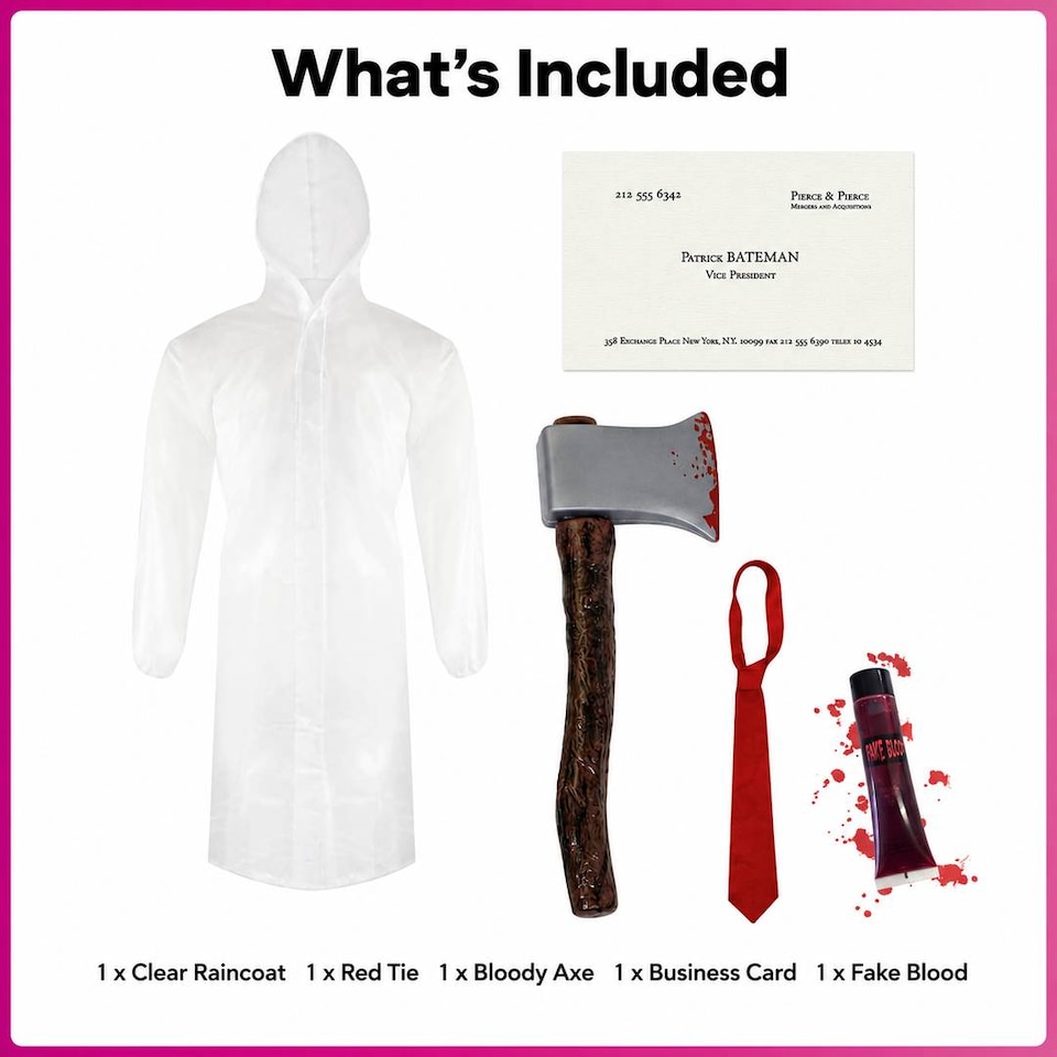 image 1 of Mens Halloween Businessman Serial Killer Costume Set - Raincoat, Tie, Fake Axe & Business Card