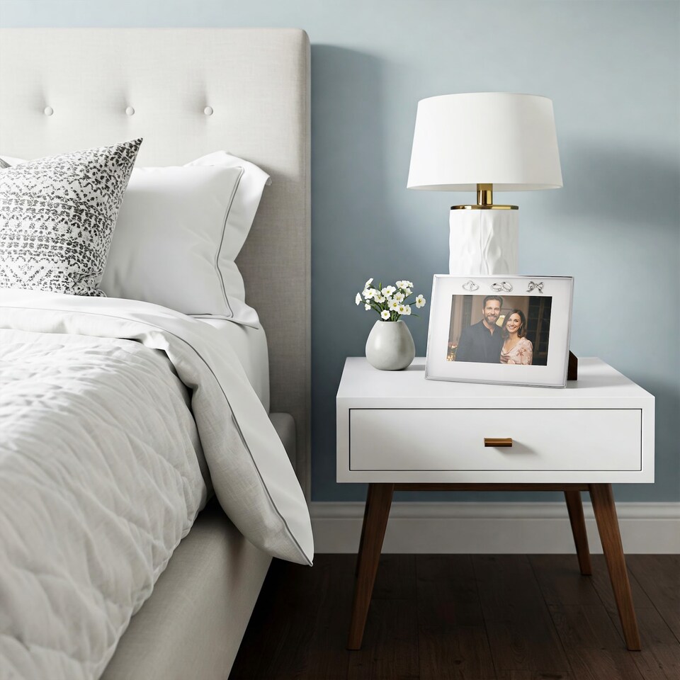 image 1 of Modern Wedding Picture Frame in Silver Plating with Rings and Hearts | Silver | One Size