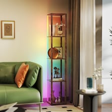 HOMCOM RGB LED Floor Lamp with Shelves, Modern Dimmable Standing Lamp with Remote Control, Adjustable Brightness & Speed for Living Room, Bedroom, Office, Rustic Brown | Brown