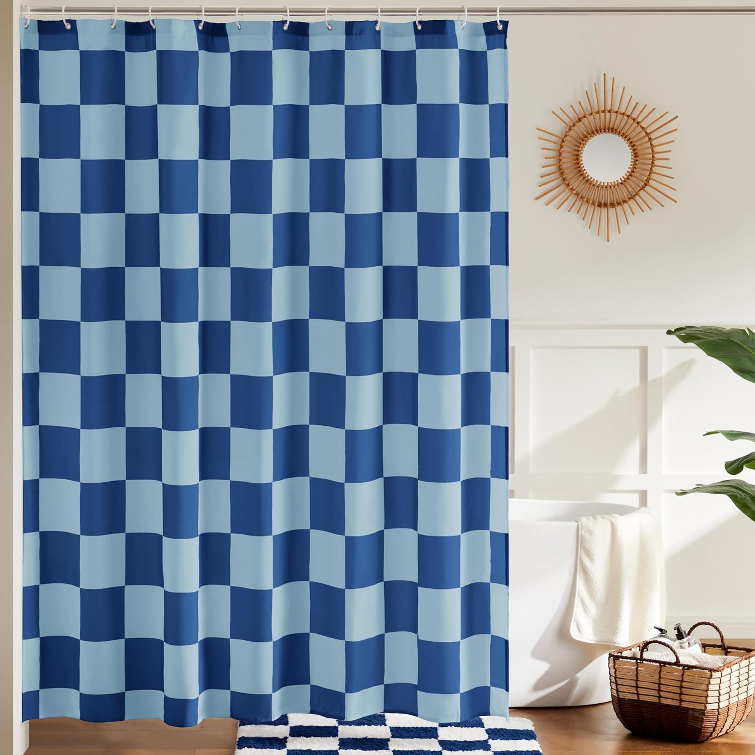 Retro Checkered Shower Curtain for Bathroom, Beautiful Vintage Checkered Shower Curtain, Washable Fabric Bath Curtain (Double Blue, 72" x 72")