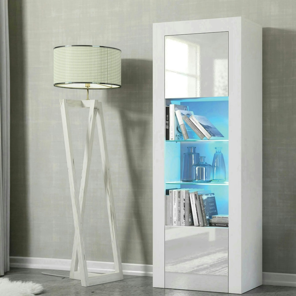 image 1 of Tall Cabinet 170cm White Gloss Doors White Matt Body Free LED Light | White