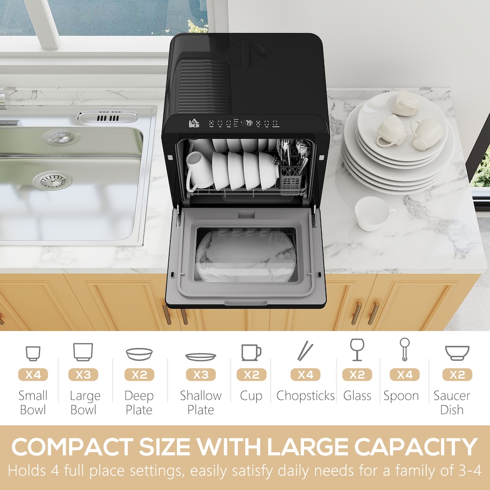 image 1 of HOMCOM Table Top Dishwasher, Mini Countertop Dishwasher No Plumbing with Built-in 6L Water Tank, 6 Programs, Touch Control, LED Display, 4 Place Settings, Dual Water Supply and Fruit Wash, Black