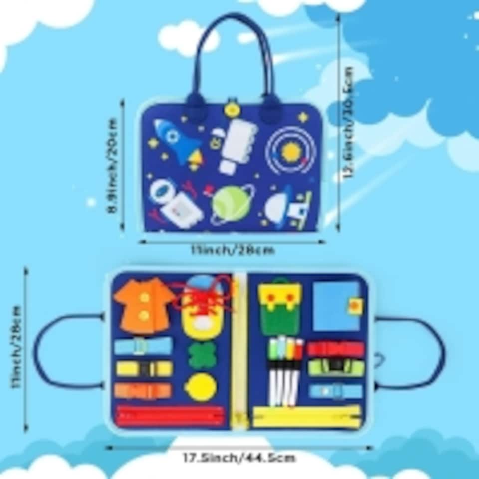 image 1 of Busy Board Montessori Sensory Toy – 10 Pages Quiet Book for Toddlers, Fine Motor & Learning Skills, Travel Toy for Kids Ages 3+ (Blue)