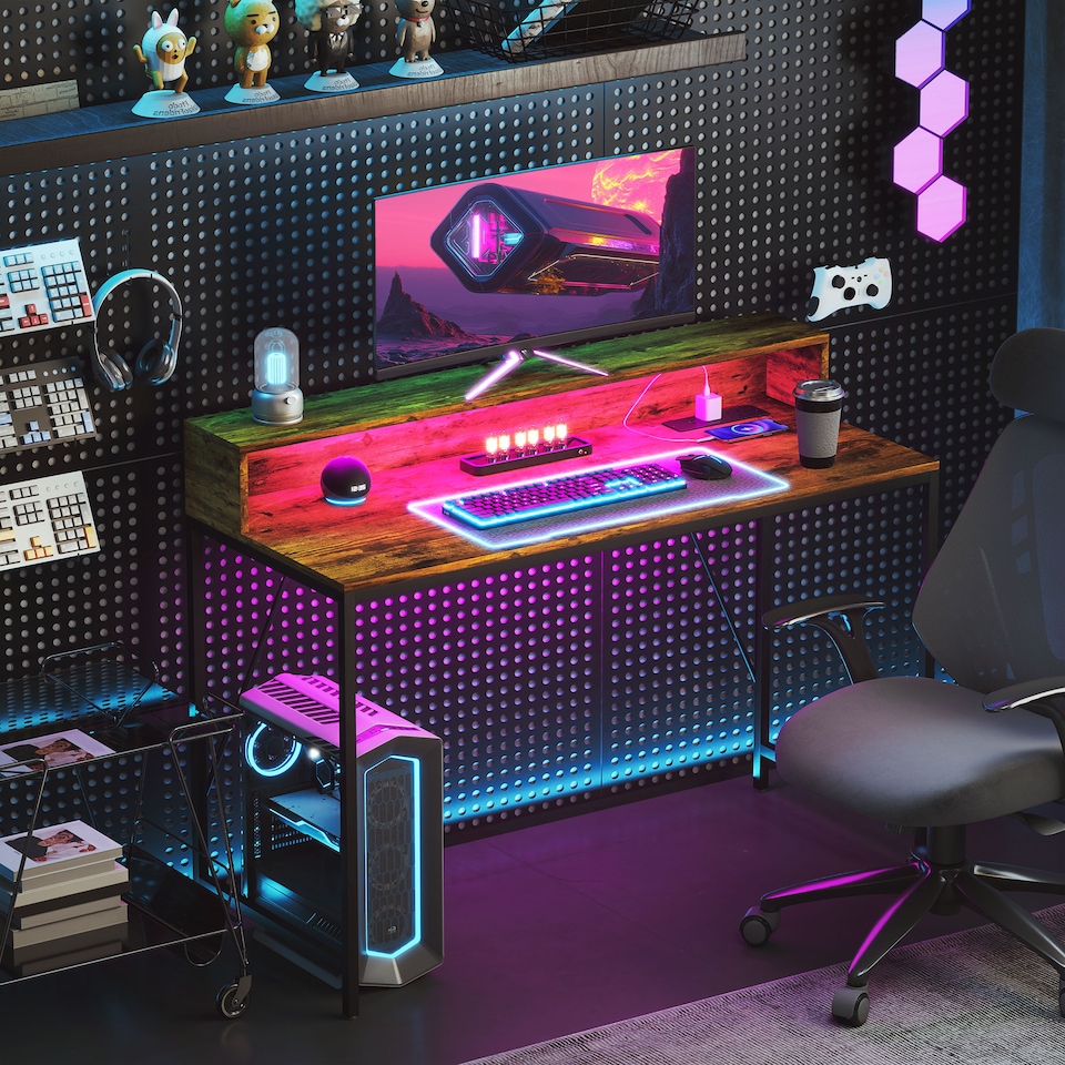 image 1 of HOMCOM 120cm Computer Desk with LED Lights and Power Outlets, Gaming Desk with Monitor Stand, Computer Table with Remote for Home Office Study, Rustic Brown | Brown