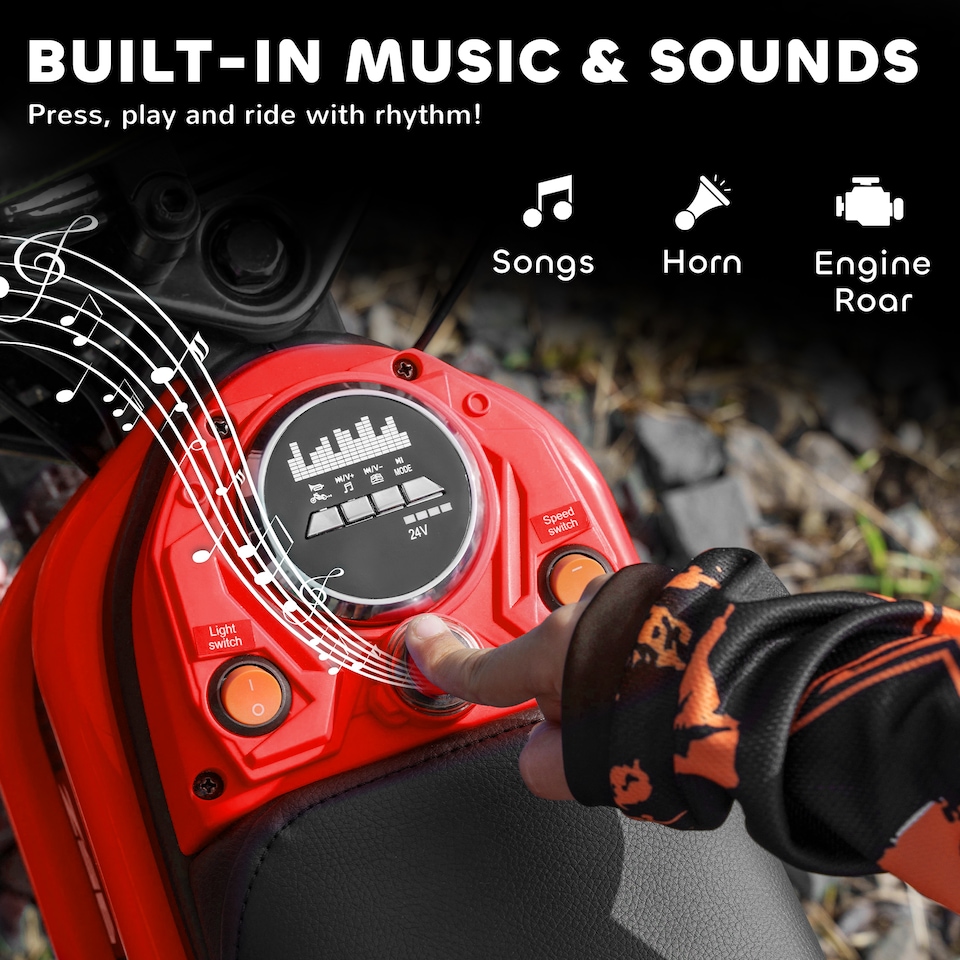 image 1 of HOMCOM 24V Kids Electric Motorbike with Twist Grip Throttle, Music, Horn, 12 Pneumatic Tyres, Max Speed 16kmithh, for Ages 8-12 Years - Red