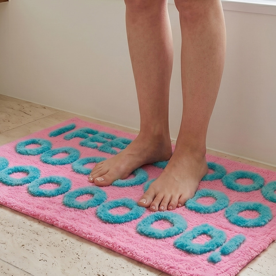 image 1 of I Feel Good Slogan Bath Mat Non Slip, Colourful Tufted Rug | Pink | Pink/Turquoise | 50 x 80cm (20 x 32") | 1
