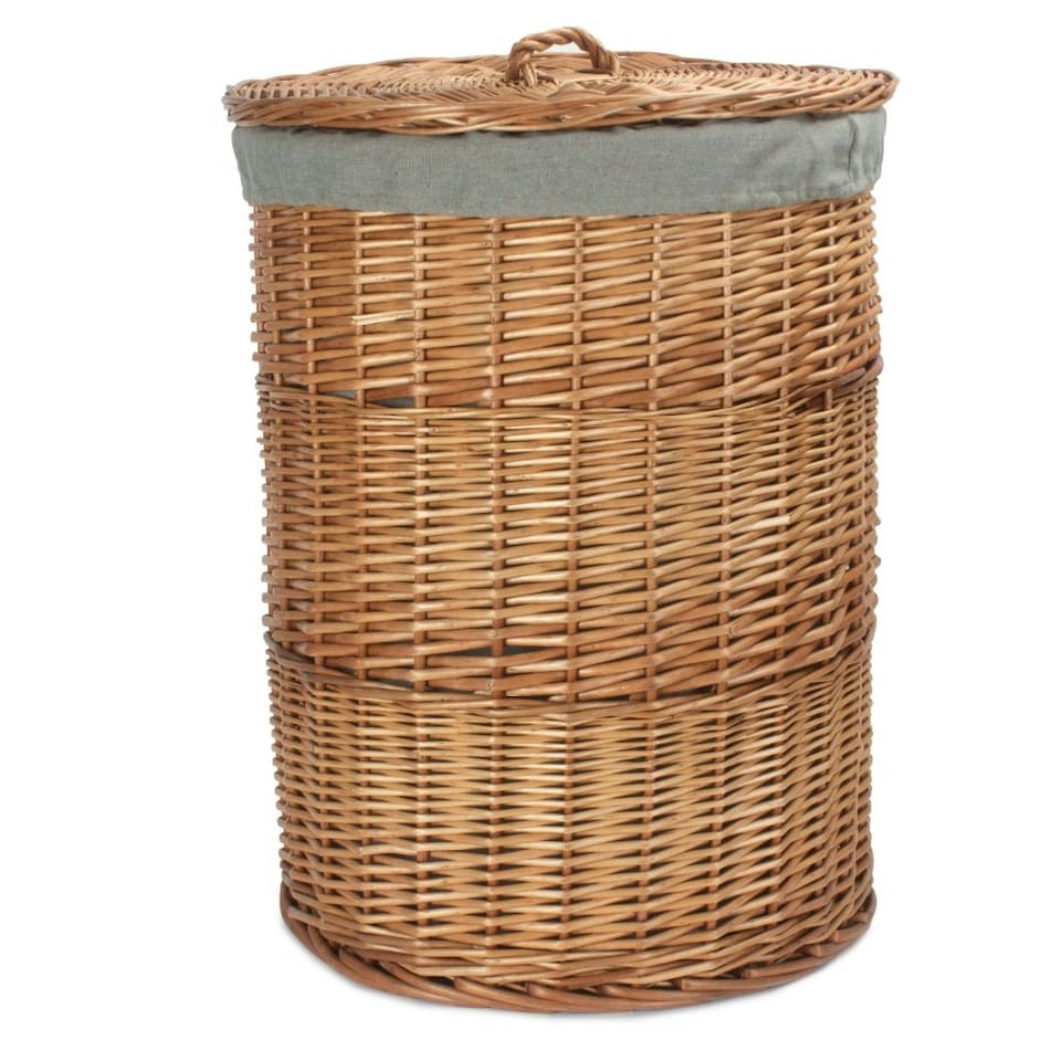image 1 of Small Light Steamed Wicker Round Linen Basket with Grey Sage Lining Grey | Grey