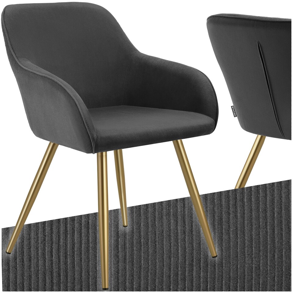 image 1 of Dining Chair Marilyn - corduroy look, upholstered, armchair, continuous backrest - per piece Grey | Anthracite/Gold