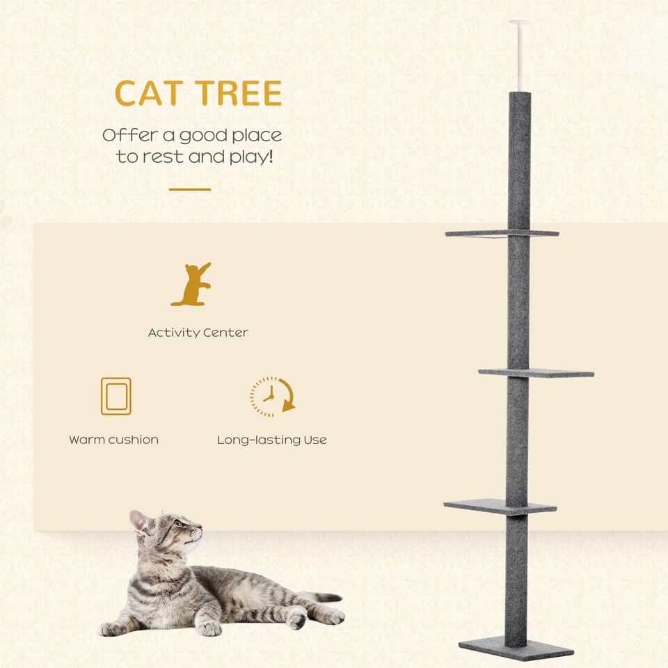 image 1 of PawHut 260cm Cat Tree Floor To Ceiling Adjustable Height