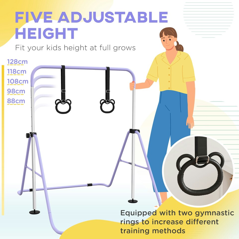 image 1 of HOMCOM Adjustable Height Foldable Kids Gymnastics Bar, Purple