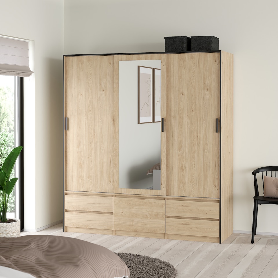 image 1 of Line Wardrobe with 2 Sliding Doors 1 Sliding Door with Mirror in Jackson Hickory Oak