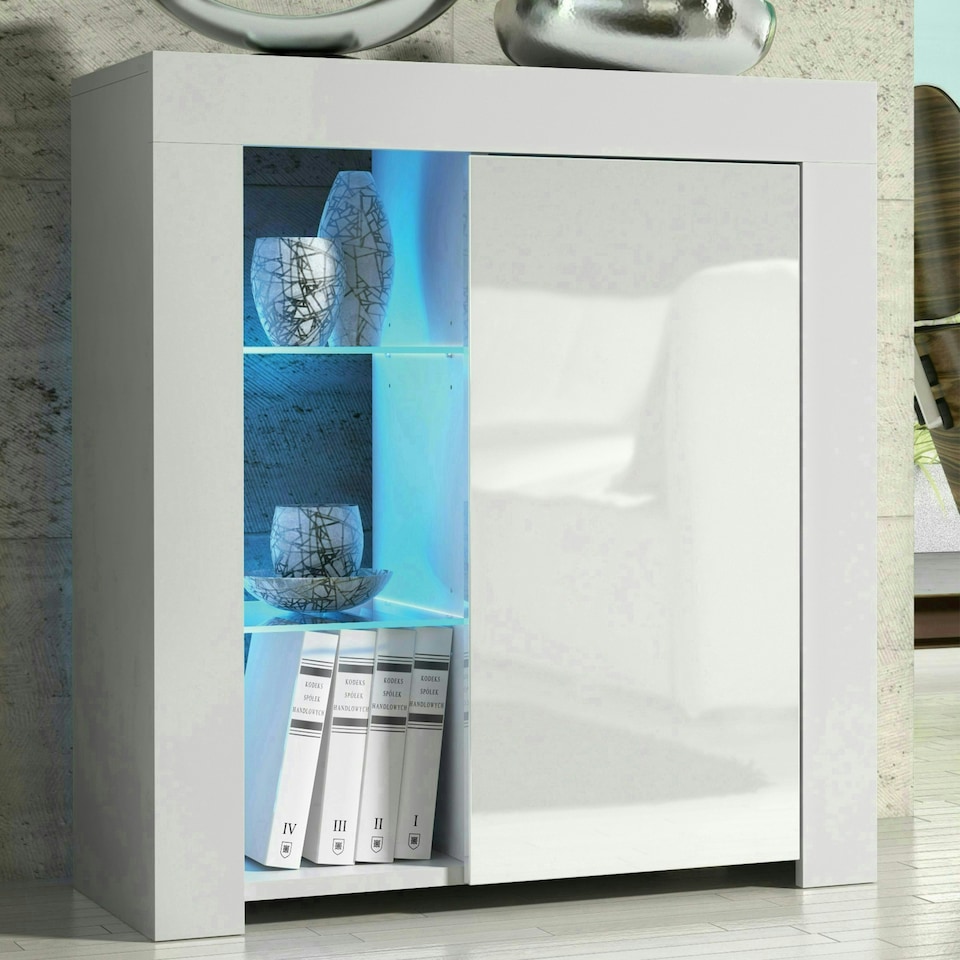 image 1 of Sideboard 75cm White Gloss Door White Matt Body Glass Shelves Free LED | White