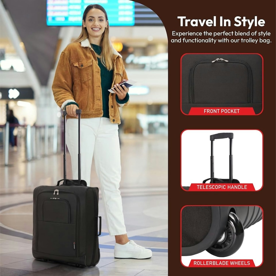 image 1 of 5 Cities 56x45x25 Trolley Bag EasyJet/British Airways/Jet2 Maximum Cabin Approved Carry On Suitcase 60L Capacity with 2 Wheels Lightweight Travel 2 YearWarranty Black | Black | Cabin Bag