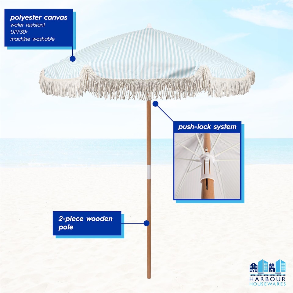 image 1 of Harbour Housewares Wooden Garden Parasol with Tassel Fringe - 1.4M - Beige Stripe | Cream | Beige Stripe