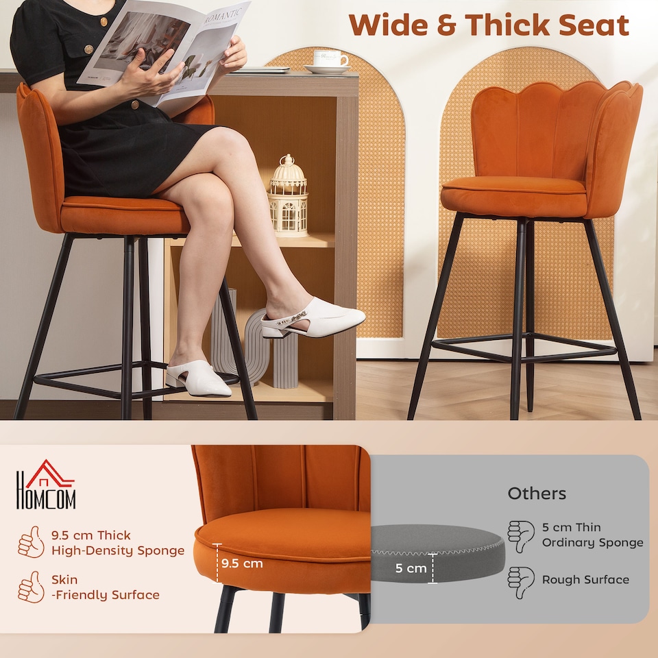 image 1 of HOMCOM Bar Stools Set of 2, Modern Velvet-Feel Barstools with Petal Backrest and Footrest, Upholstered Breakfast Bar Chairs with Metal Legs for Kitchen Island Counter, Dining Room, Orange | Orange | Orange | 2