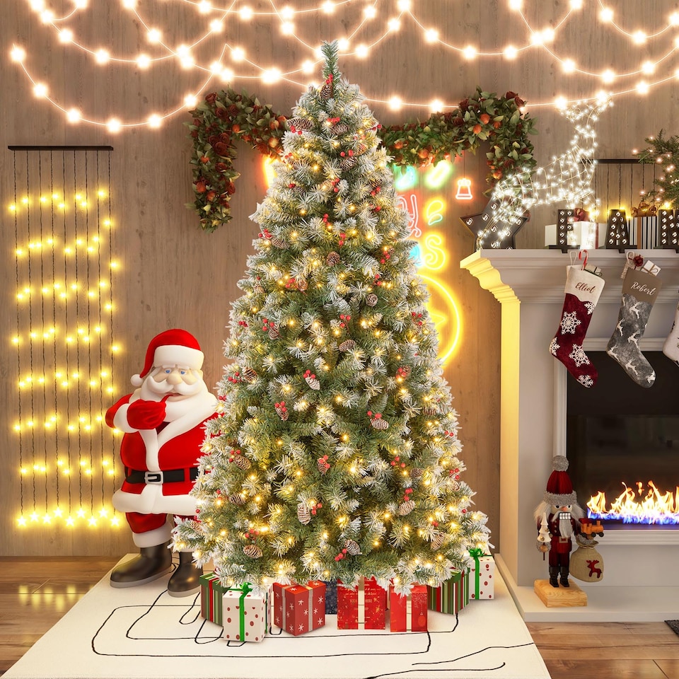 image 1 of COSTWAY 6.5FT Pre-lit Christmas Tree Artificial Hinged Xmas Tree with 909 Branch Tips