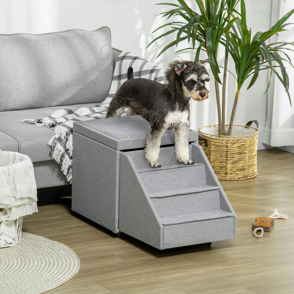 image 1 of PawHut 2 in 1 Dog Steps Ottoman, Pet Stairs for Small Medium Dogs and Cats Grey