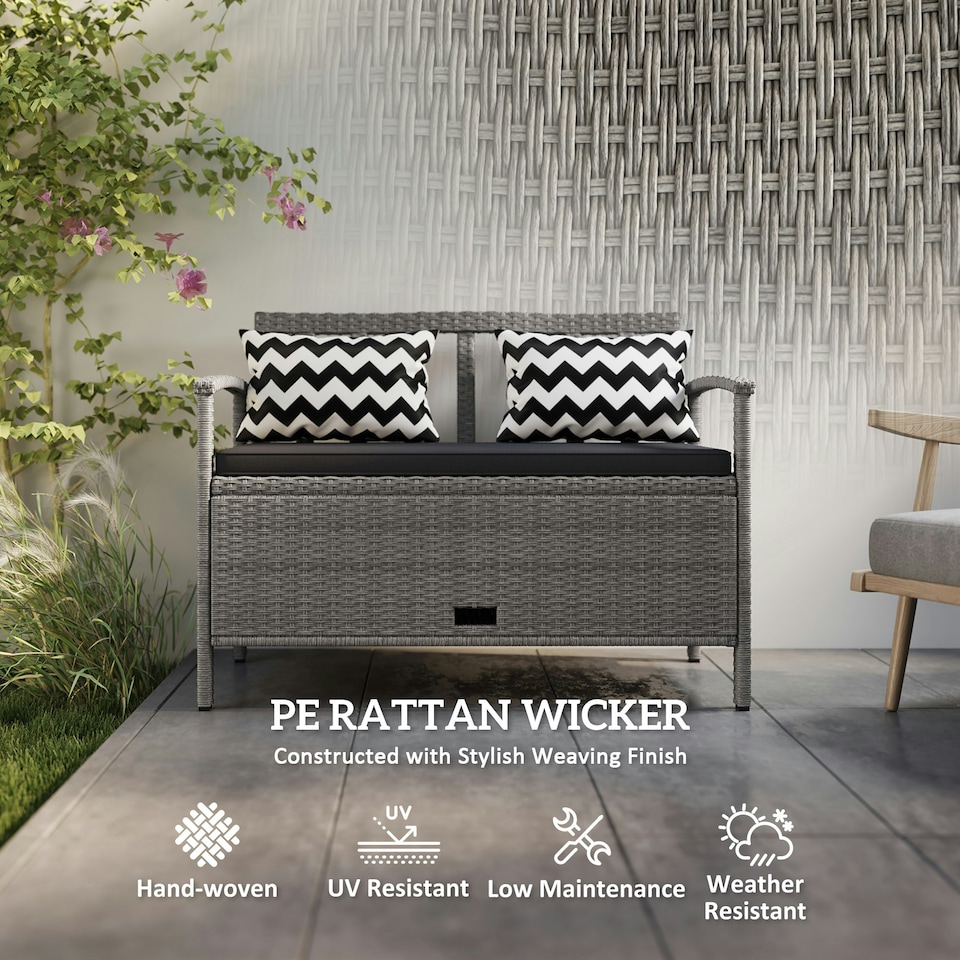 image 1 of Outsunny 160L Rattan Garden Storage Bench, Cushioned Outdoor Bench, Grey Grey