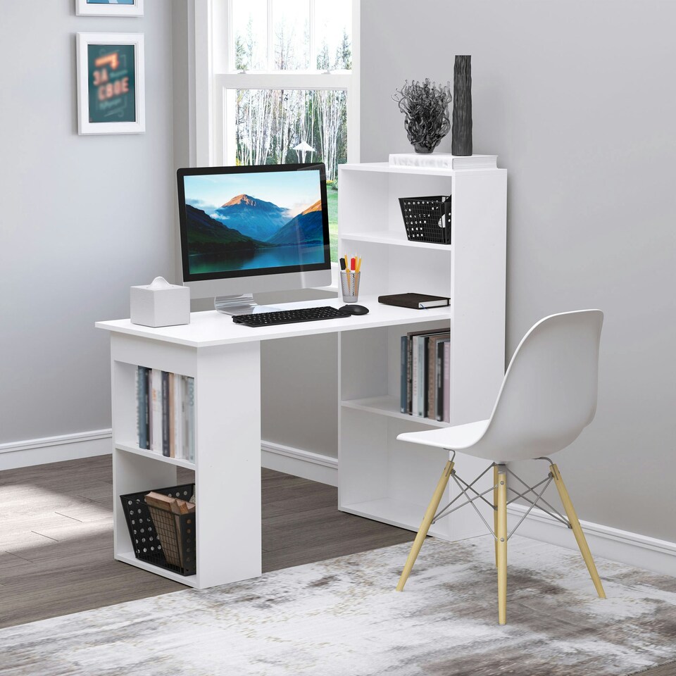 image 1 of HOMCOM 120cm Computer Desk Bookshelf Writing Table 6 Shelves White