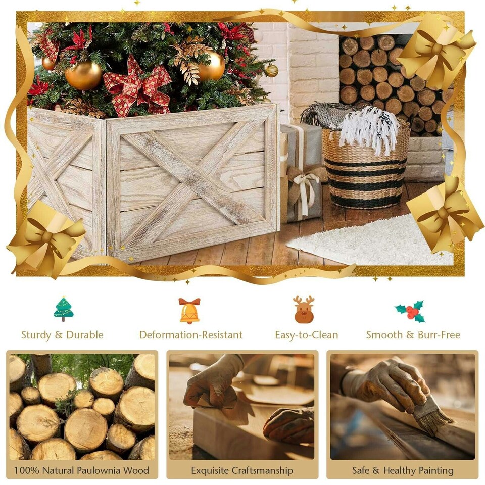 image 1 of COSTWAY Christmas Tree Collar Box Wooden Tree Box Stand Brown | One Size