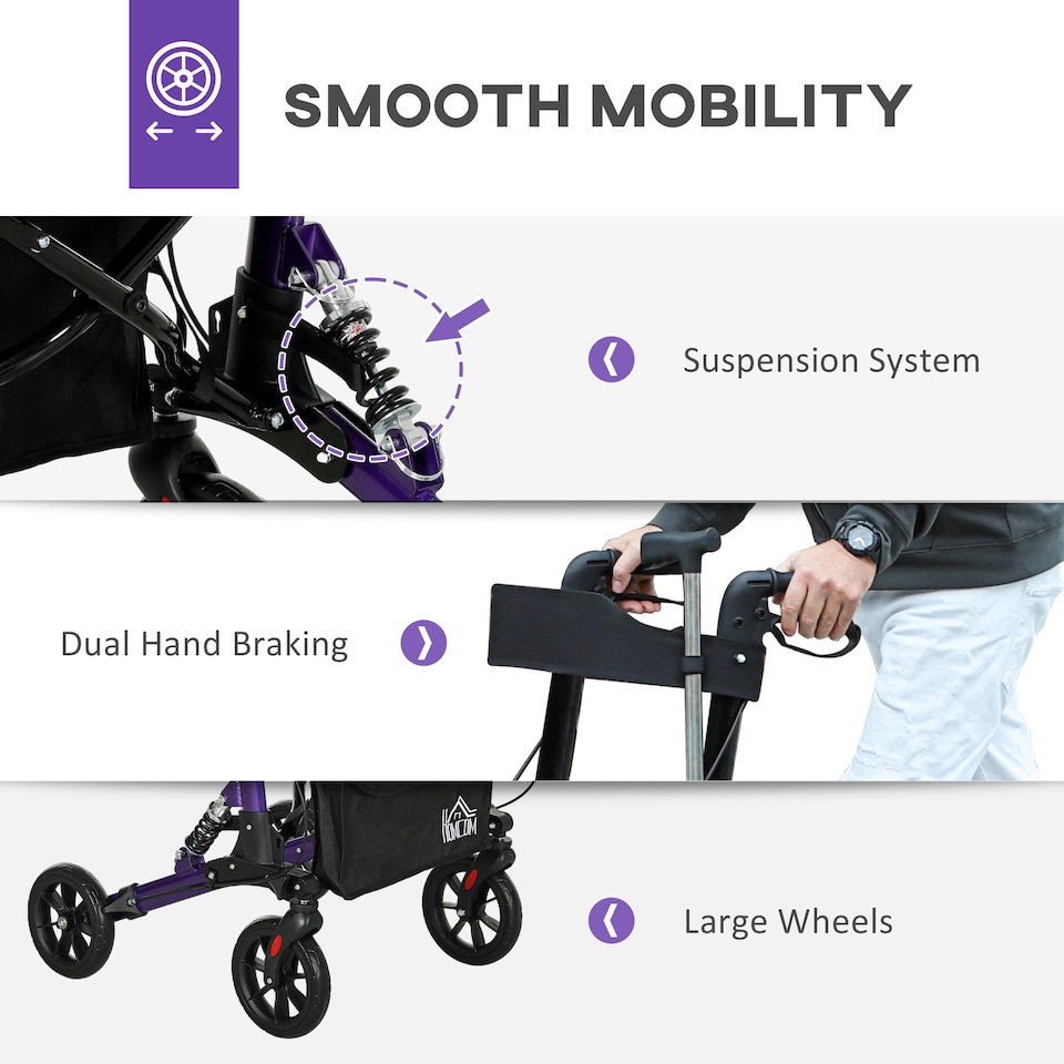 image 1 of HOMCOM Folding Rollator Walker with Seat, Backrest, Lightweight Walking Frame with Storage Bag, Dual Brakes, Adjustable Handle Height, Suspension System, 4 Wheeled Walker for Seniors, Purple